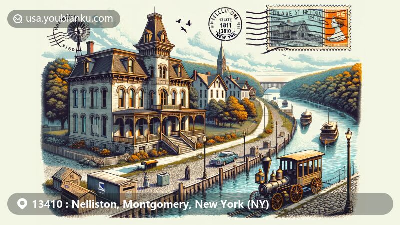 Modern illustration of Nelliston, New York, Montgomery County, showcasing historical and postal themes with ZIP code 13410, featuring Erie Canal, Mohawk River, Abram Nellis Mansion, and vintage postcard design.
