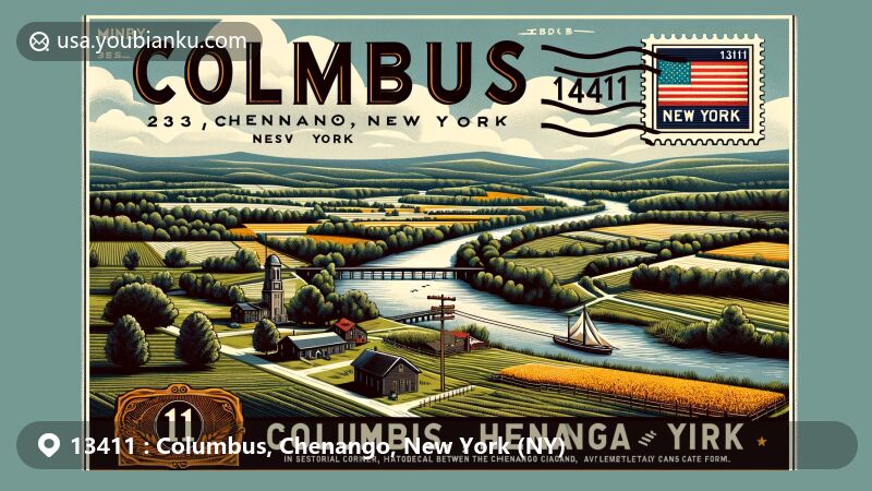 Modern illustration of Columbus, Chenango, New York, showcasing rural beauty with rolling hills, farms, and the historic Chenango Canal, featuring vintage postal stamp representing New York and ZIP code 13411.