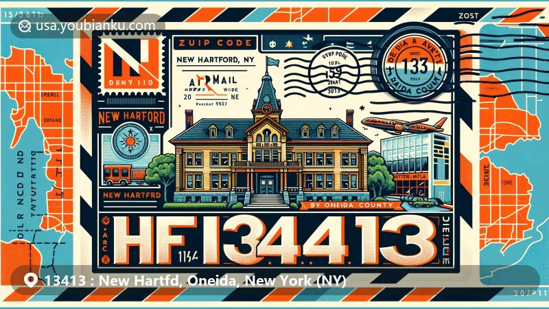 Modern illustration of New Hartford, NY, emphasizing postal theme with ZIP code 13413 and iconic Butler Hall, featuring Oneida County outline and contemporary design elements.
