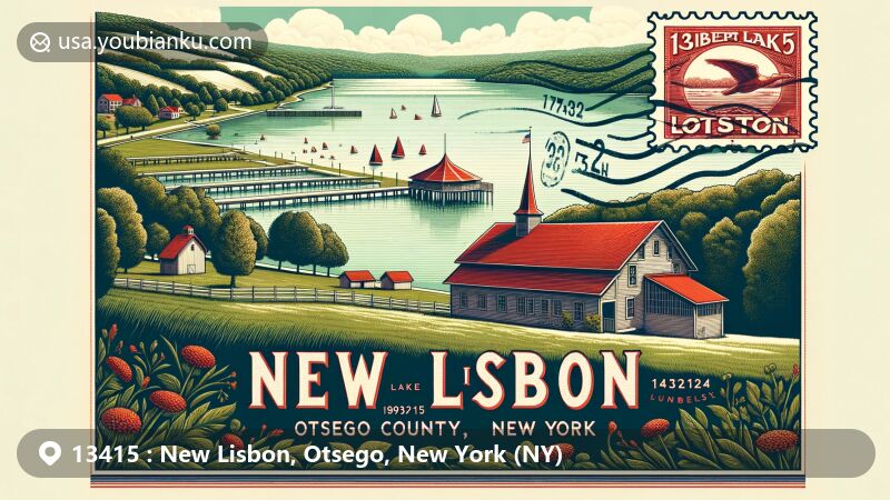 Modern illustration of New Lisbon, Otsego County, New York (NY), showcasing Gilbert Lake State Park's scenic beauty, New Lisbon's geographical outline, and the iconic Lunn-Musser Octagon Barn, with postal elements like a stamp and postmark featuring ZIP code 13415.