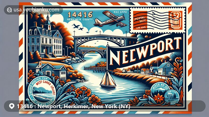 Modern illustration of Newport, Herkimer County, New York, featuring iconic landmarks like Newport Stone Arch Bridge and James Keith House, capturing the town's heritage and postal theme.