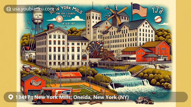 Modern illustration of New York Mills, NY, blending historical and modern elements with a postal theme, featuring Walcott & Campbell Spinning Mill, recreational facilities at Pietryka Park, and homage to Polish immigrant community.