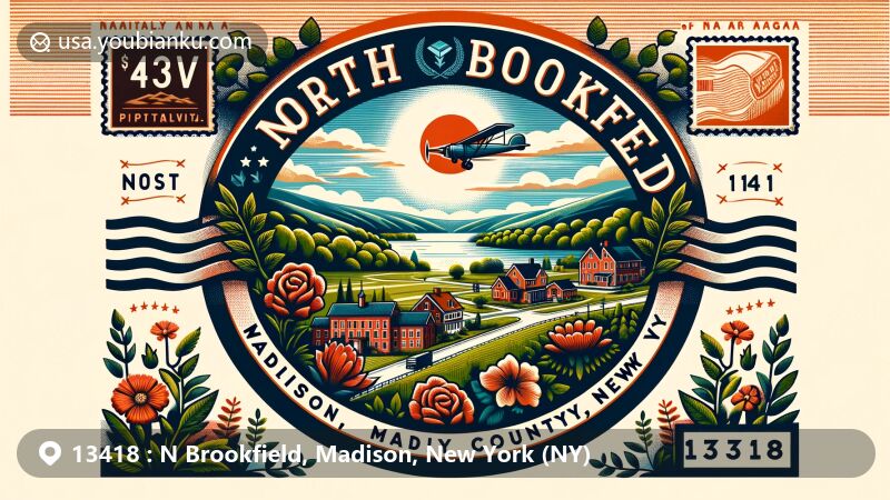 Modern illustration of North Brookfield, Madison County, NY, featuring postal theme with ZIP code 13418, showcasing scenic countryside charm and vintage air mail envelope.