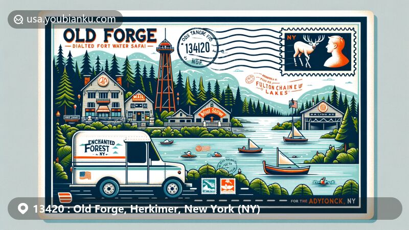 Modern illustration of Old Forge, Herkimer, New York (NY), showcasing postal theme with ZIP code 13420, featuring Enchanted Forest Water Safari and Fulton Chain of Lakes landmarks.