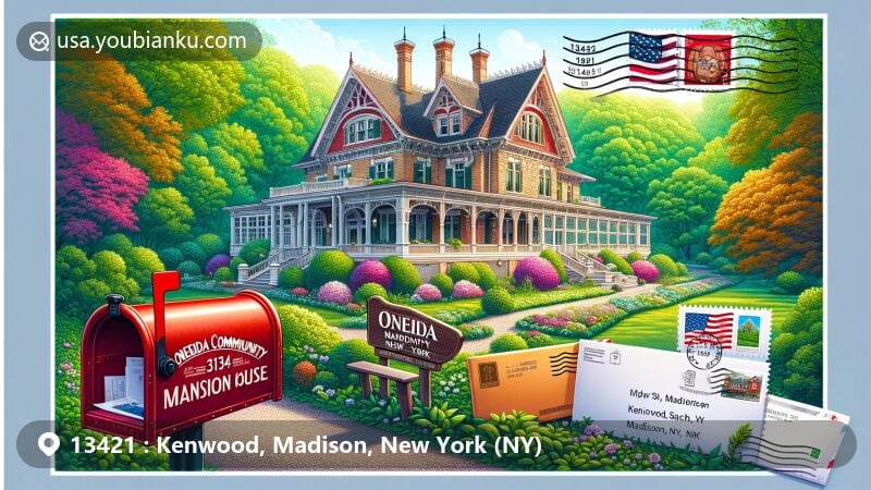 Vibrant illustration of Oneida Community Mansion House in Kenwood, Madison, New York, surrounded by spring blossoms and postal elements, featuring '13421, Kenwood, Madison, NY' postcard with miniature Mansion House image and American flag stamp.