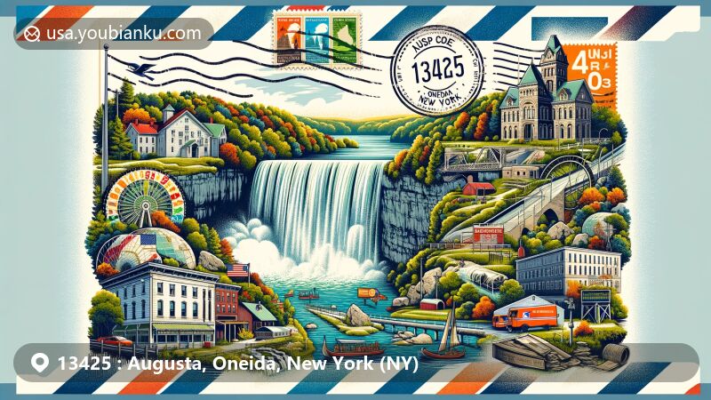 Modern illustration of Oriskany Falls, Augusta area, representing ZIP code 13425 in Oneida County, New York, highlighting natural beauty with historical and cultural elements like Chenango Canal, agriculture, and limestone quarries, incorporating postal theme with airmail envelope border, local landmarks on stamps, 13425 postal stamp, paying tribute to early mills and sawmills, seamlessly blending New York state flag into the background, capturing essence of Augusta, Oneida, and New York in vibrant colors.