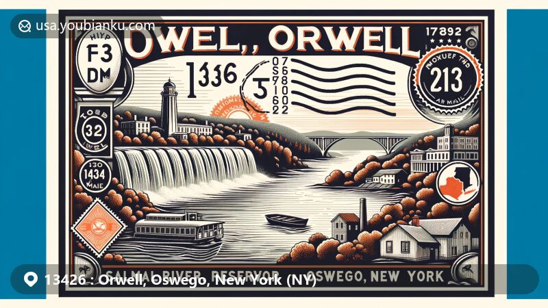 Modern illustration of Orwell, Oswego County, New York, showcasing Salmon River Reservoir and Salmon River Falls, with vintage postcard featuring ZIP code 13426 and New York state flag.