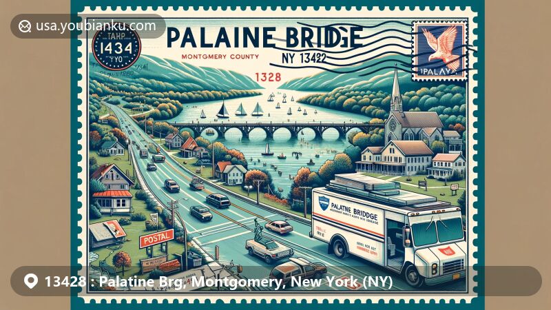 Modern illustration of Palatine Bridge, Montgomery County, New York, exhibiting postal theme with ZIP code 13428, showcasing New York State Route 5 and 10 intersections, portraying historical influence of Palatine Germans and tight community bond, featuring postmark 