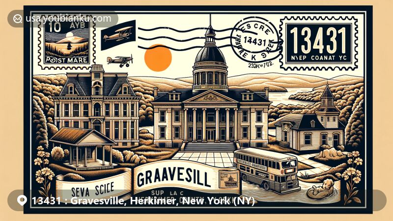Modern illustration of Gravesville, Herkimer County, New York, featuring iconic landmarks like the Herkimer County Courthouse and Herkimer House, along with Mill Creek, embodying the area's natural beauty and postal theme with ZIP code 13431.