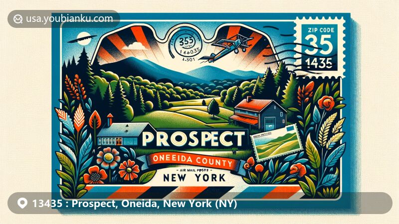 Modern illustration of Prospect, Oneida County, New York, showcasing postal theme with ZIP code 13435, featuring rural landscapes and vintage postal elements.
