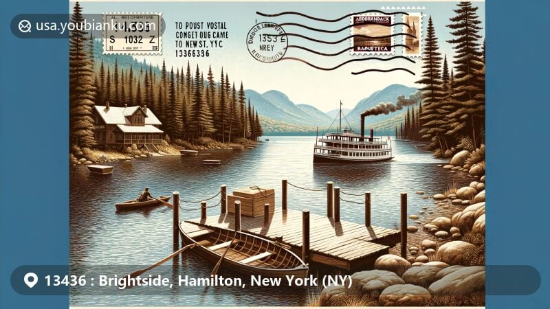 Modern illustration of Raquette Lake in the Adirondack Mountains, New York, blending tranquil pine-covered shoreline with a vintage steamboat, creative postal elements featuring ZIP code 13436, iconic Adirondack symbols, and Great Camp Sagamore view.