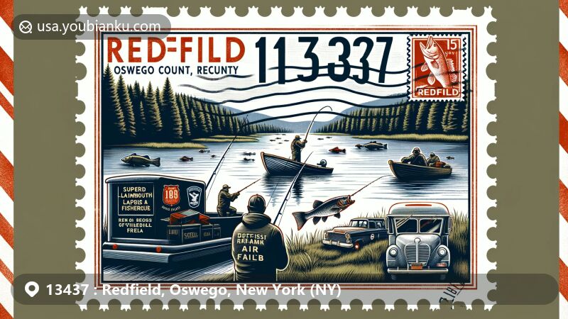 Modern illustration of Redfield, Oswego County, New York, showcasing postal theme with ZIP code 13437, featuring Salmon River Reservoir and Tug Hill Plateau's natural beauty and popular fishing activity.