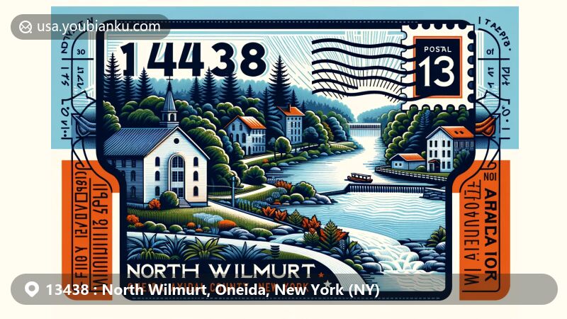 Creative illustration of North Wilmurt, Oneida County, New York, featuring postal theme with ZIP code 13438, showcasing Twin Lakes Stream and Black River Canal Warehouse.