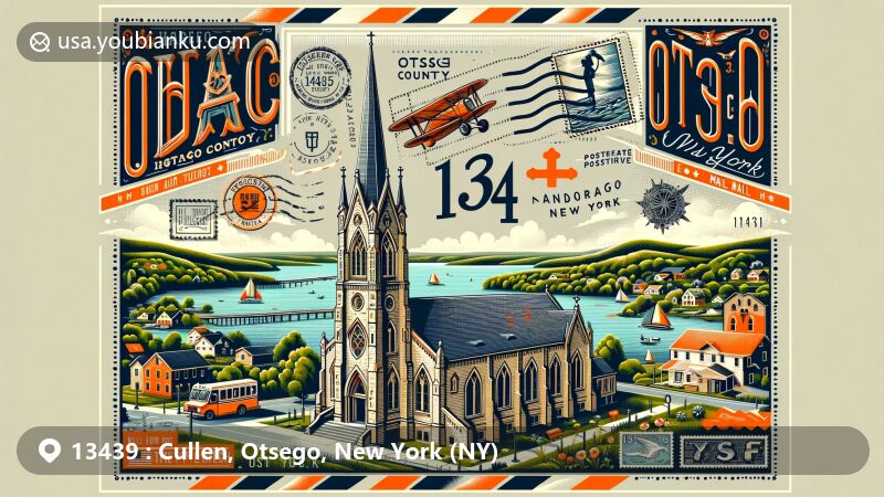 Modern illustration of Cullen, Otsego County, New York, showcasing the historic Church of the Good Shepherd, Canadarago Lake, lush greenery, and postal theme with vintage air mail elements and '13439' ZIP code.