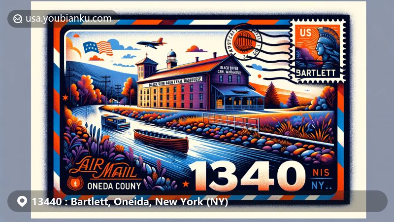 Modern illustration of Bartlett, Oneida County, New York, with postal theme featuring Black River Canal Warehouse and natural beauty of upstate New York, showcasing ZIP code 13440.