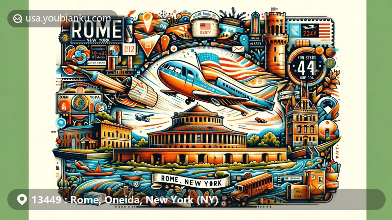 Modern illustration of Rome, New York, featuring Fort Stanwix and postal code 13449, blending historical elements like Oneida Carrying Place and Revolutionary War, with postal motifs including vintage postage stamp, postal mark, and air mail envelope.