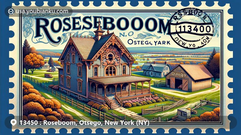 Modern illustration of Roseboom Historic District, ZIP code 13450, showcasing 19th-century architecture with carriage barn, smokehouse, and dairy barn, set in rural landscape with postal theme elements.