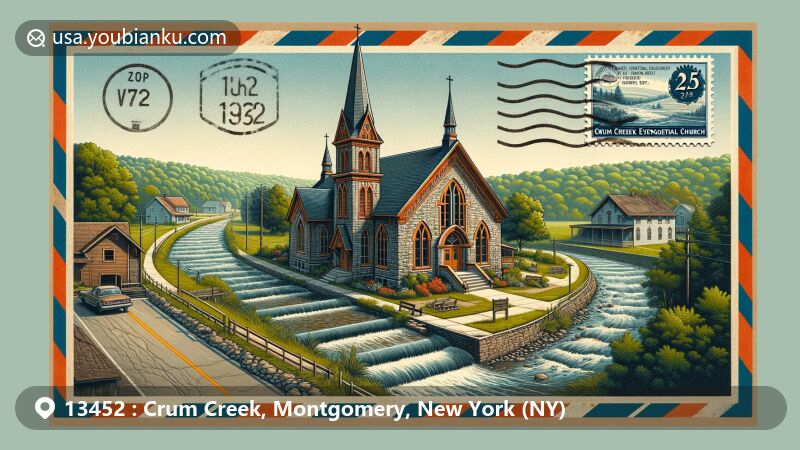 Illustration of Oppenheim and St. Johnsville Union Society Church, Crum Creek, Montgomery, New York, featuring historic 2.5-story rectangular church with colorful slate roof and Gothic spires, set amidst Crum Creek and lush greenery, with vintage airmail envelope elements.