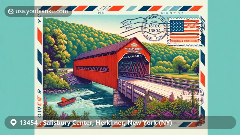 Modern illustration of Salisbury Center Covered Bridge in upstate New York, framed within a vintage air mail envelope with postal theme, featuring ZIP code 13454 and subtle references to New York state symbols.