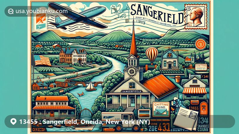 Modern illustration of Sangerfield, Oneida County, New York, capturing the town's history and geography with Sangerfield River, Jedediah Sanger, and border with Madison County, featuring postal elements like stamp with ZIP code 13455, postmark, mailbox, and postal van, set in a vintage postcard design showcasing natural beauty of Tassel Hill, Chittning Pond, and farmlands.