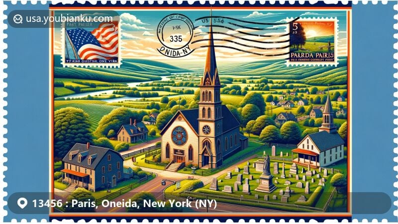 Modern illustration of Paris, Oneida County, New York, showcasing historical St. Paul's Church and Cemetery, Sauquoit Creek, and postal elements with ZIP code 13456 in vintage postcard style.