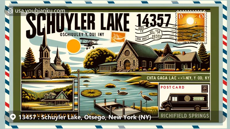 Modern illustration of Schuyler Lake, Otsego County, New York, capturing the essence of Canadarago Lake, Richfield Springs, Old Stone Church, Herkimer Farm, Otsego Lake with Sunken Island and Kingfisher Tower, featuring postal elements like stamps and postmark with ZIP code 13457.