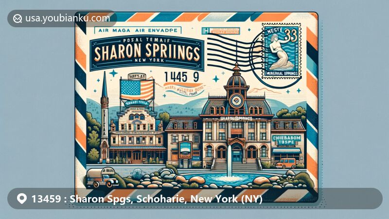 Modern illustration of Sharon Springs, Schoharie County, New York, featuring stylized vintage air mail envelope with ZIP Code 13459, depicting iconic landmarks like Magnesia Temple and Chalybeate Temple, celebrating spa heritage and postal theme.