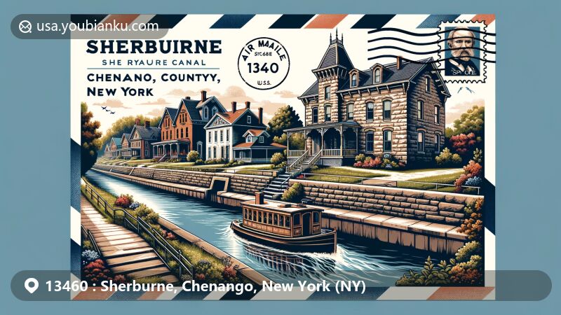 Modern illustration of Sherburne, Chenango County, New York, highlighting the historical Chenango Canal, Sherburne Historic District architecture, and agricultural prosperity, featuring New York State symbols.
