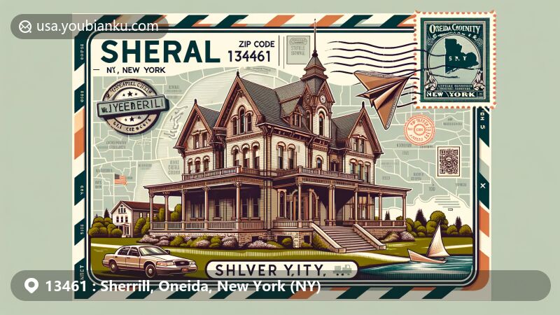 Modern illustration of Sherrill, Oneida County, New York, featuring Oneida Community Mansion House, Sherrill-Kenwood Free Library, and symbols representing Sherrill's unique identity, in a postcard-like design with ZIP code 13461.