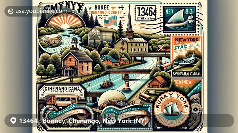 Modern illustration of Bonney, Chenango County, New York, highlighting postal theme with ZIP code 13464, featuring natural beauty, rural charm, historical significance, and New York State Route 80 symbolizing connectivity.