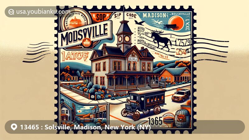 Modern illustration of Solsville, Madison County, New York, with historic Solsville Hotel, showcasing antique postal elements like 13465 ZIP code postage stamp, vintage postmark, and old postal carriage silhouette.
