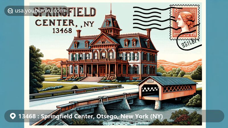 Modern illustration of Springfield Center, NY, depicting postal code 13468 and highlighting iconic Hyde Hall, a neoclassical mansion with historic covered bridge, showcasing rich history and architectural heritage of Otsego County. Postcard elements include postage stamp and postmark 'Springfield Center, NY 13468'. Background features natural beauty with rolling hills and lush greenery.
