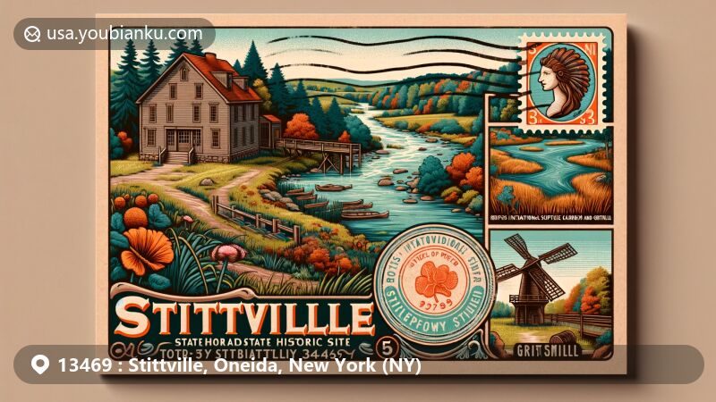 Modern illustration of Stittville, Oneida County, New York (NY), capturing natural beauty with forests and creeks, paying homage to history with 18th-century sawmill and gristmill, featuring fictional postage stamp of Oriskany Battlefield State Historic Site or Griffiss International Sculpture Garden and Nature Trail.