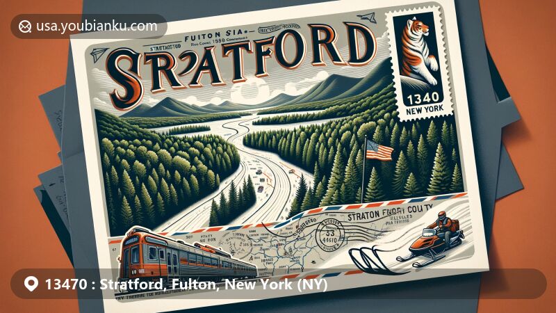 Modern illustration of Stratford, Fulton County, New York, capturing the essence of Adirondack Park with lush forests and snow-capped mountains, featuring vintage air mail envelope with postal theme and ZIP code 13470.