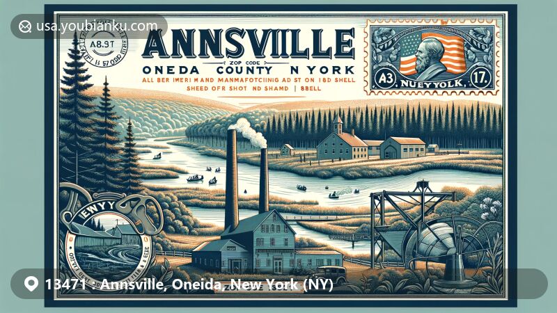 Modern illustration of Annsville and Taberg in Oneida County, New York, resembling a vintage postcard, featuring rural landscapes, historical imagery of Oneida Iron and Glass Company, and postal elements like vintage stamp and ZIP code 13471.