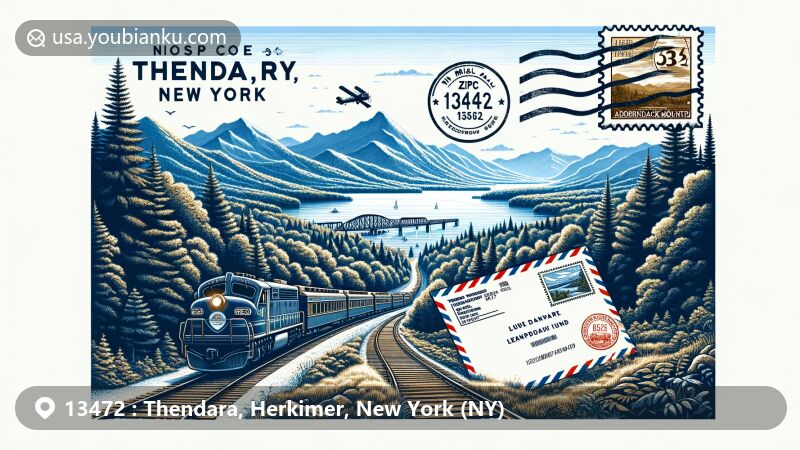 Modern illustration of Thendara, New York, showcasing Adirondack Scenic Railroad and postal theme with ZIP code 13472, featuring scenic mountains, lakes, forests, and vintage air mail envelope.