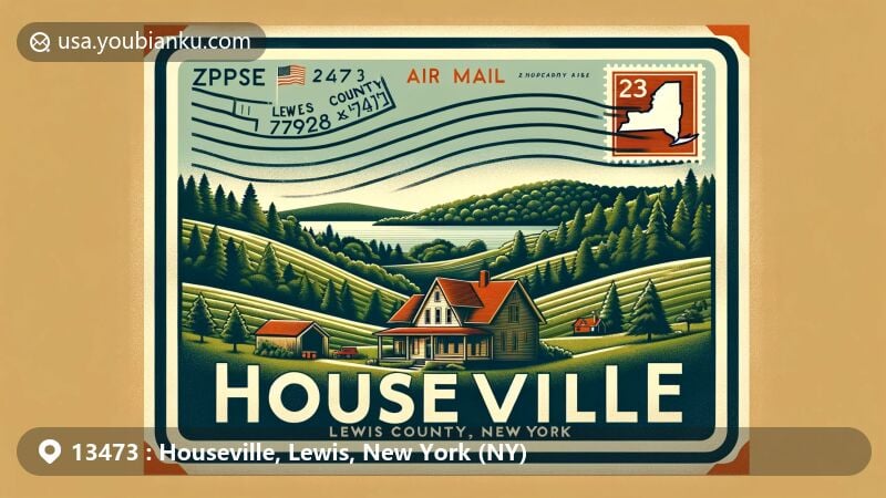 Modern illustration of Houseville, Lewis County, New York, centered around postal theme with ZIP code 13473, showcasing serene rural landscape with rolling hills and forests, overlaid with county boundaries and New York state flag.