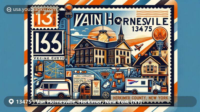 Modern illustration of Van Hornesville, Herkimer County, New York, embodying postal theme with ZIP code 13475, highlighting Owen D. Young School and New York state symbols.