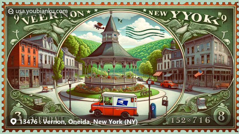 Modern illustration of Vernon, New York, highlighting the Vernon Center Green Historic District and iconic postal elements, celebrating the town's history and natural beauty.