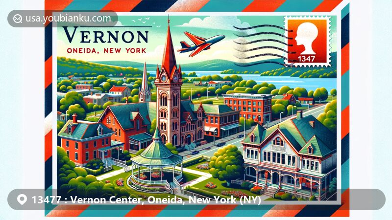 Modern illustration of Vernon Center, Oneida County, New York, showcasing a postal theme with ZIP code 13477, featuring Victorian Gazebo, Parkside United Methodist Church, and Vernon National Shooting Preserve.