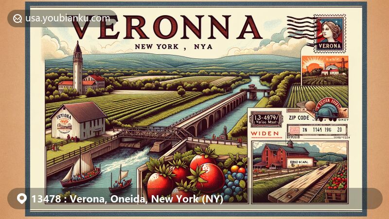 Modern illustration of Verona, New York, showcasing scenic beauty, Swistak Farm with you-pick strawberries, blueberries, and tomatoes, and Erie Canal background. Features vintage stamp '13478 Verona, NY' and artistic postal elements.