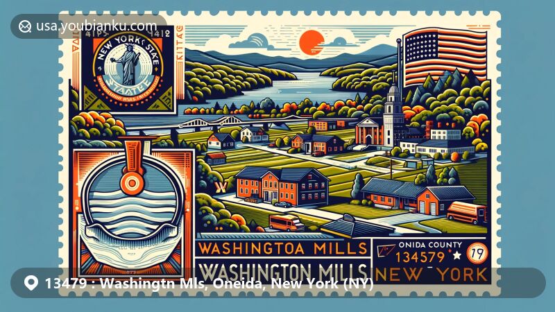 Modern illustration of Washington Mills, Oneida County, New York, representing ZIP code 13479, featuring suburban-like view with residential areas and natural scenery, hinting at proximity to Utica, adorned with New York State flag and local heritage symbols in a retro postcard postal theme.