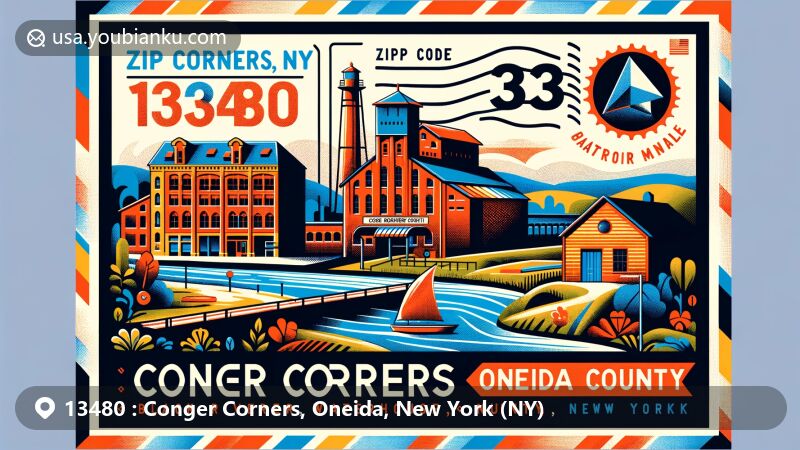 Modern illustration of Conger Corners, Oneida County, New York, with postal theme featuring ZIP code 13480, showcasing Waterville and Black River Canal Warehouse.