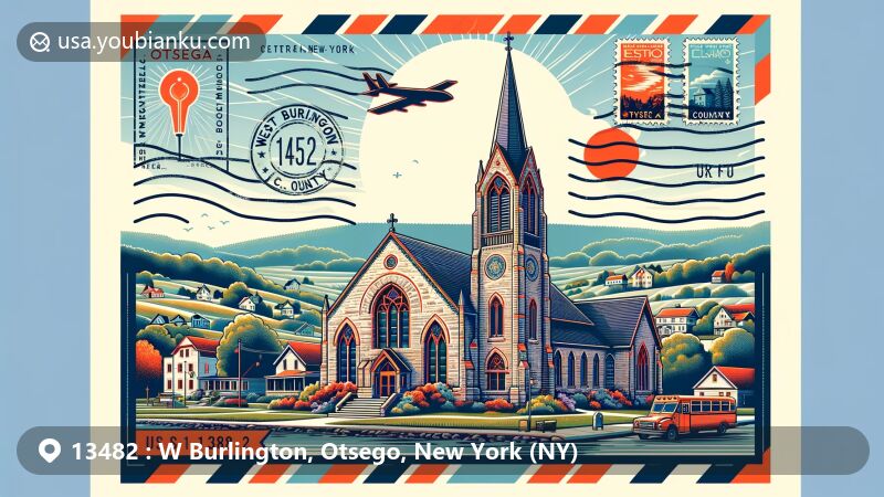 Modern illustration of West Burlington Memorial Church, West Burlington, New York, featuring postal theme with ZIP code 13482, showcasing vibrant colors and central New York's geographical features.