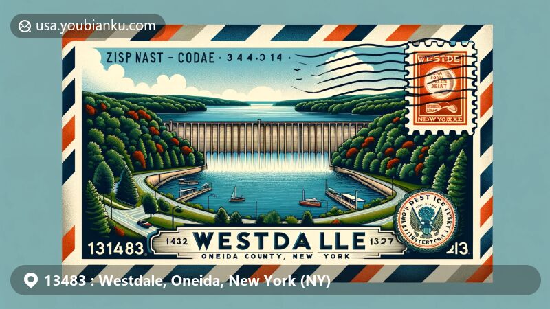 Modern illustration of Westdale, Oneida County, New York, depicting Westdale Dam as landmark, surrounded by natural elements like trees and water, with vintage airmail theme border showcasing postal marks and New York state symbols including ZIP code 13483.