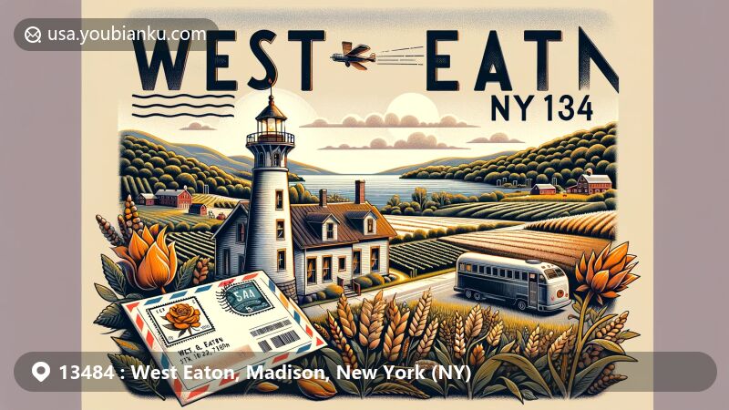 Modern illustration of West Eaton, NY, showcasing rural charm and picturesque Finger Lakes region with vintage air mail envelope featuring New York state flower stamp and postmark, hinting at historical significance and connections to Iroquois.