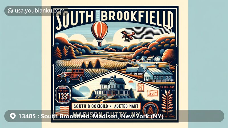 Modern illustration of South Brookfield, Madison County, New York, depicting rural charm and postal theme, featuring ZIP code 13485, vintage postcard elements, and serene countryside vibe.