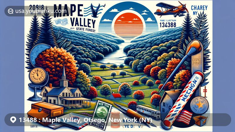 Modern illustration of Maple Valley, Otsego County, New York, featuring scenic Maple Valley State Forest, historic Cherry Valley Village, and postal theme with ZIP code 13488.