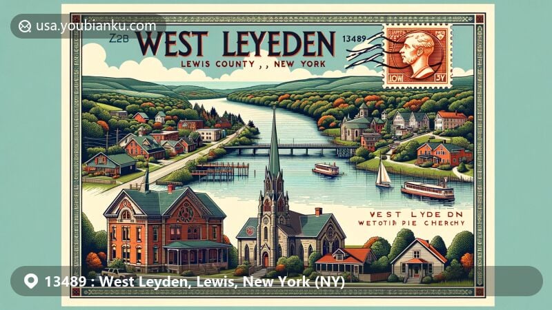 Modern illustration of West Leyden, Lewis County, New York, capturing village charm and natural beauty along the East Branch of the Mohawk River, featuring local landmarks like Church of the Nativity of the Blessed Virgin Mary and West Leyden Reformed Church, emblematic of the community's rich heritage and cultural significance, blending elements of the surrounding Adirondack landscape, showcasing scenic beauty of the region, designed in a creative modern postcard style with postal theme, including vintage stamp with local imagery, commemorative postmark marking the opening of West Leyden Post Office on December 16, 1826, and prominently displaying postal code 13489, vibrant, appealing, and illustrative, ideal for web graphics to capture the essence of West Leyden, Lewis County, New York.