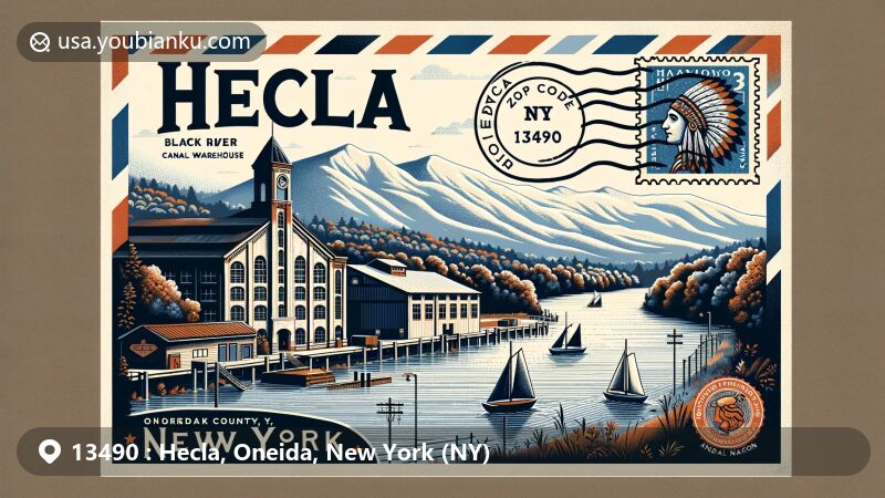 Modern illustration of Hecla area in Oneida County, New York, featuring Black River Canal Warehouse, Adirondack Mountains, Oneida Lake, and cultural symbols, within a postal theme.